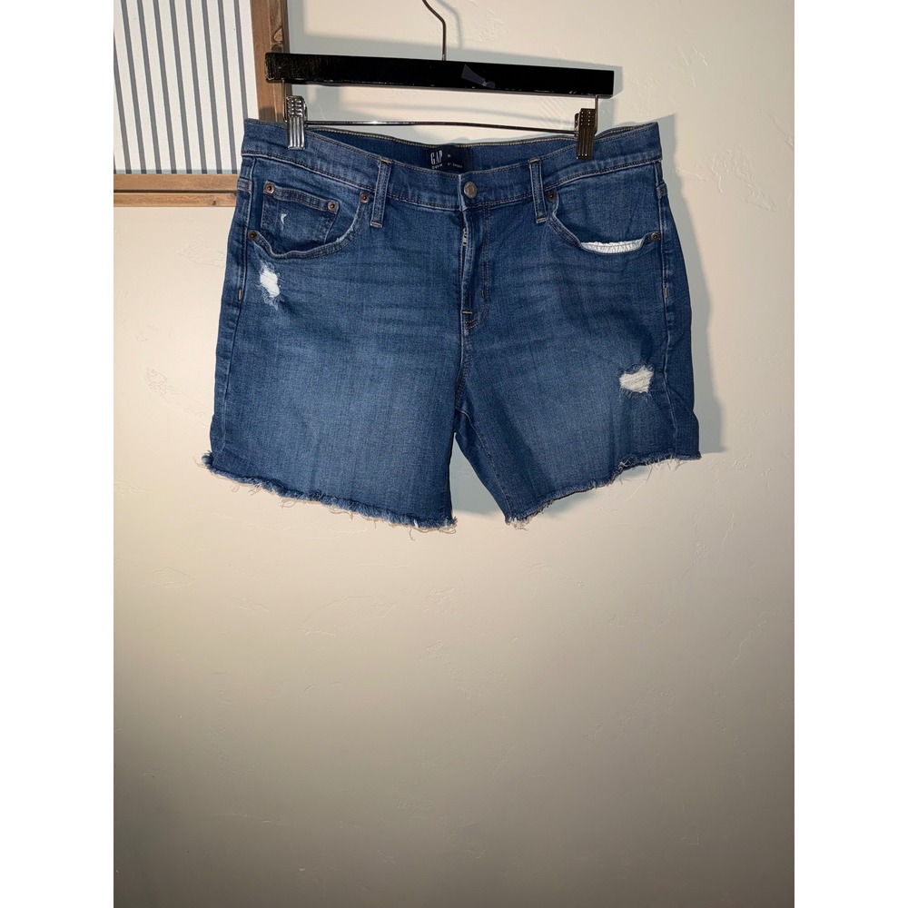 Gap Denim 5" Shorts Womens 31 Blue Distressed‎ Raw Hem Mid Rise Stretch Jean